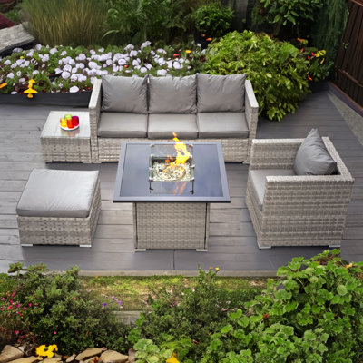 Acorn Rattan 5 Seat Firepit Lounge Set in Dove Grey