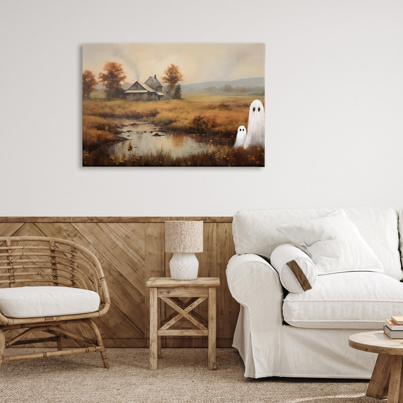 Toile de fantômes dans un champ de ferme, design par Petal Prints Design, H 20 po x l 30 po
