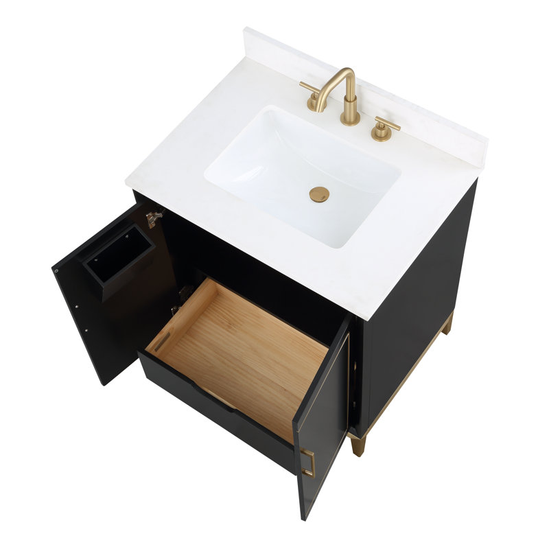 Gracie 30'' Single Bathroom Vanity with Top, Midnight Black, Satin Brass, White Quartz