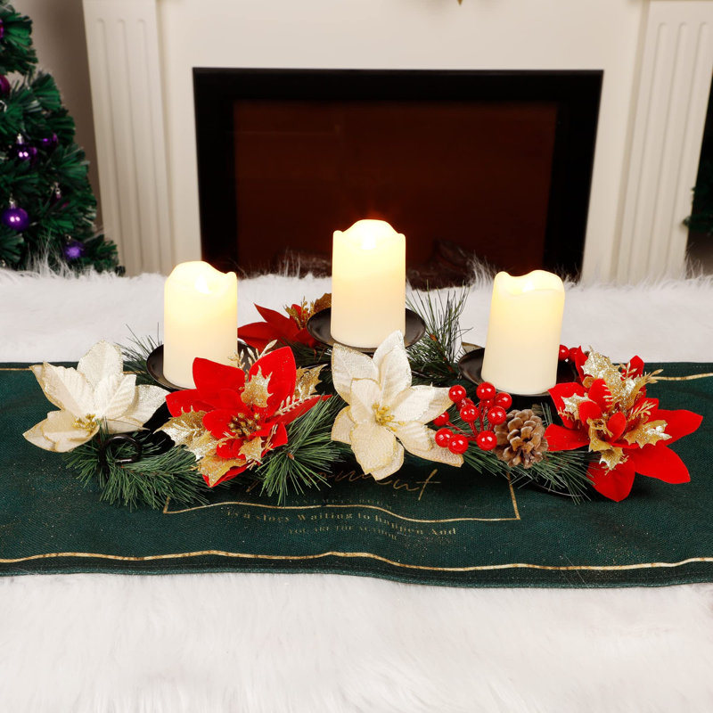 Christmas Poinsettia Candelabrum Centerpiece With Flameless Candles