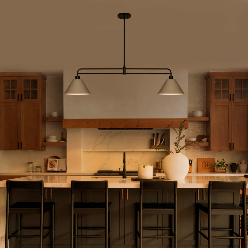Lustre linéaire noir et blanc de 47 pouces pour îlot de cuisine 2 lumières à hauteur réglable, structure en métal noir mat avec abat-jour blanc, base E26 pour table de salle à manger, bar et table de billard