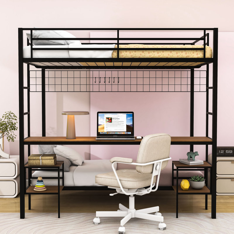 Full Over Twin Metal Bunk Bed With Desk And Charging Station And Shelves, Black/Cinnamon Oak
