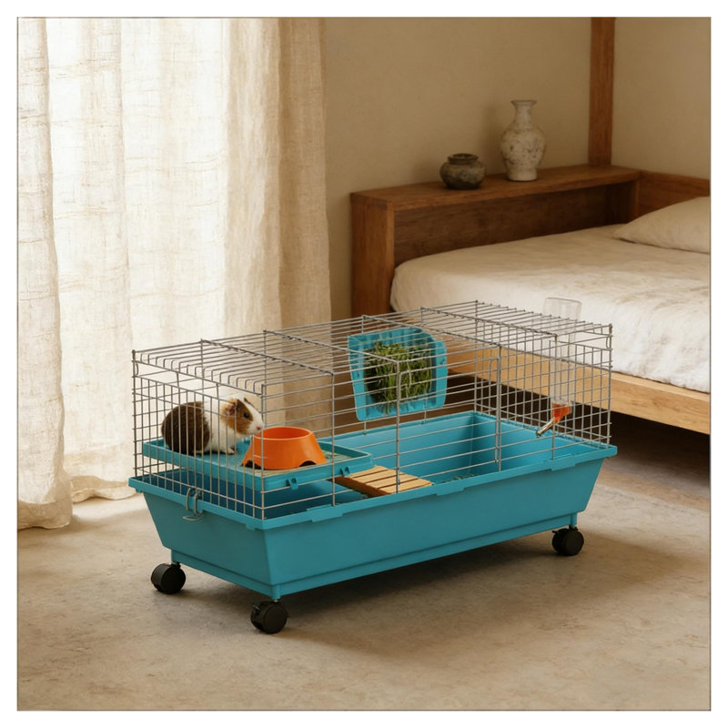 Cage mobile pour petits animaux avec dessus ouvrable et porte avant pour lapins et hamsters, acier bleu et polypropylène