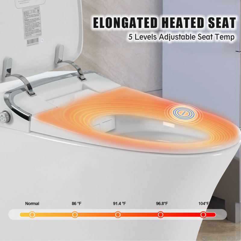 Luxury Smart Toilet With Dryer And Warm Water,  Elongated Bidet Toilet With Heated Seat, With Remote Control, LED Night Light, Power Outage Flushing, Soft Close Cover,Whit