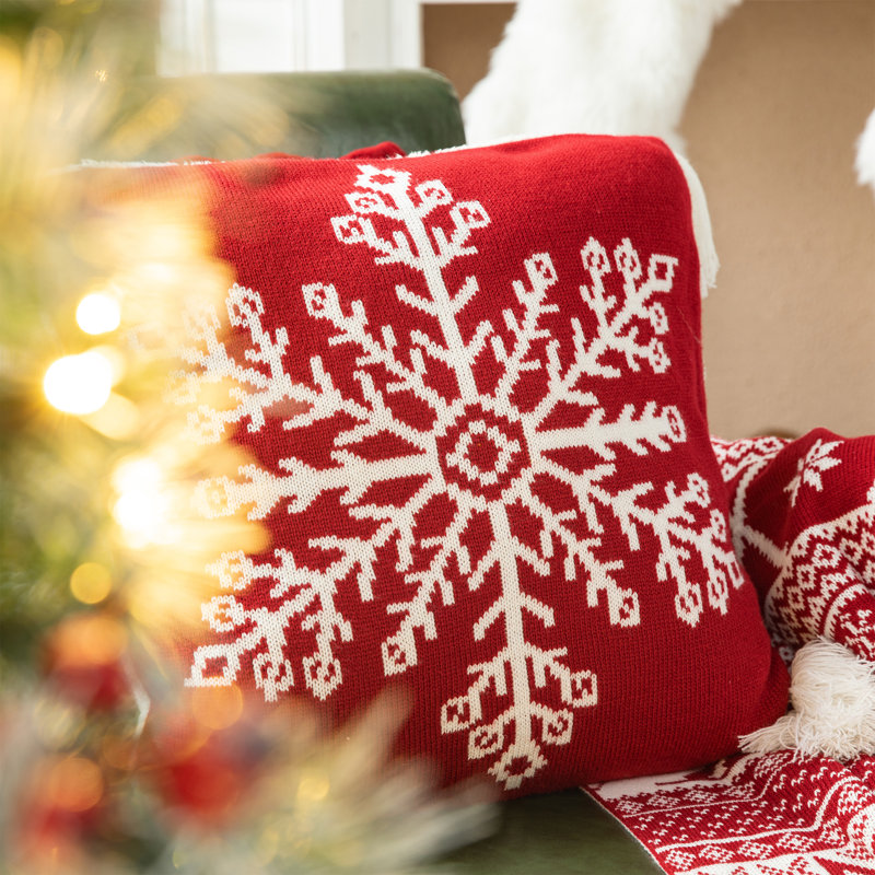 Red Knitted Snowflake Pillow Cover with Tassels