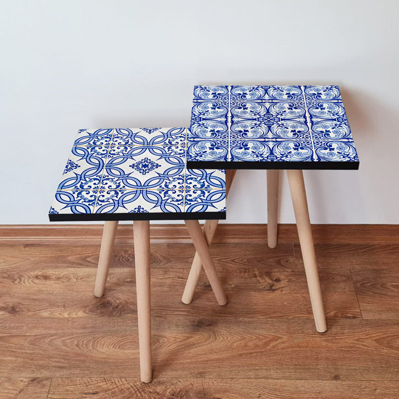Elegant Navy Blue & White Nesting Table Set (2 Pieces), 13.8 x 18.5 x 13.8 in. | 100% MDF with Beech Wood Legs, Thickness: 0.7 in. | Stylish Oriental Geometric Design, Perfect for Modern Living Spaces & Home Decor
