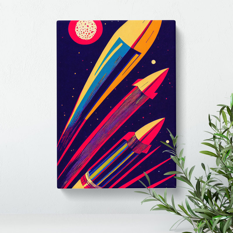 XC1022-3775X Retro Art Spaceship Rockets - Print on Canvas, Oak Framed, 60cm H x 40cm W x 3cm D