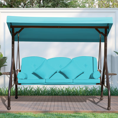 Balancelle de patio à 3 places avec auvent réglable - balançoire d'extérieur avec dossier à trois positions, grand lit de balançoire convertible 3 en 1, coussins épaissis, coussins et porte-gobelet