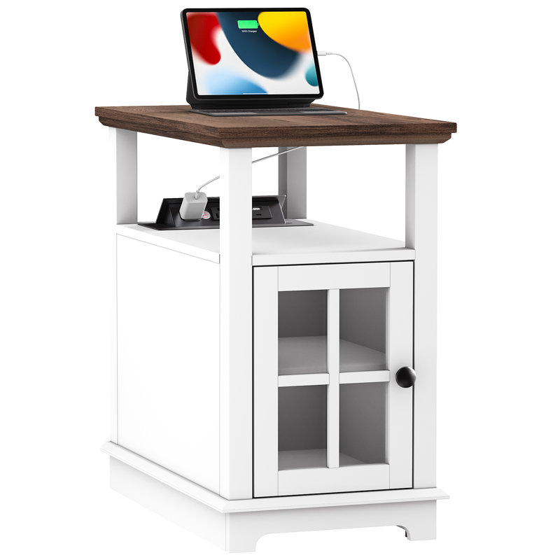 Boxley Tray Top End Table and Built-In Outlets, Brown Top/White Base