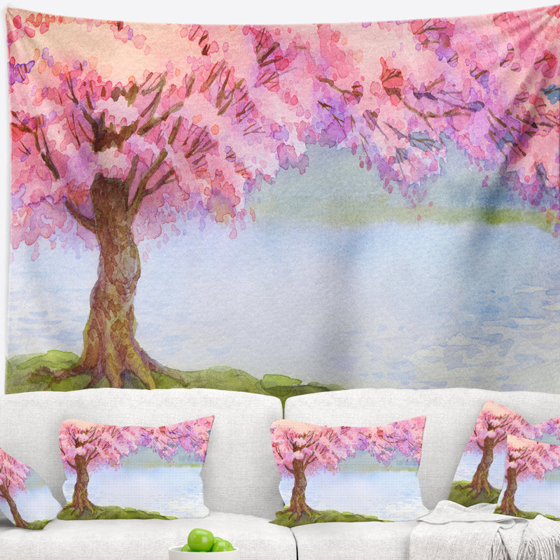 Floraison arbre rose par la tapisserie du lac Floral, H 78 po x l 92 po