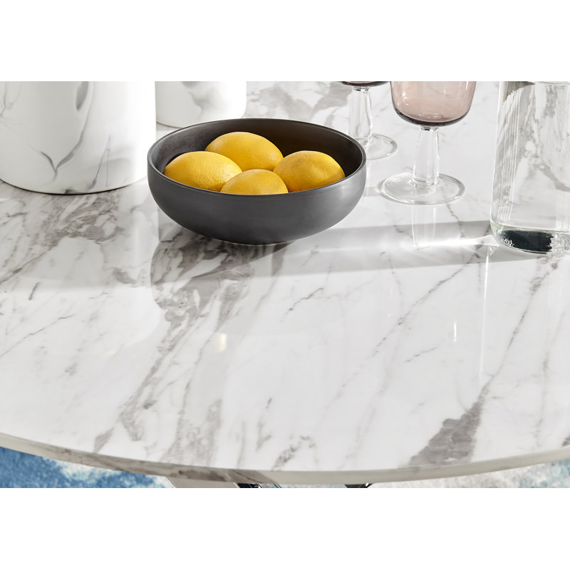 Tierra Modern Chrome Metal & Glass Round Dining Table Set with 4 Luxury Button Velvet Chairs, Grey, Marble