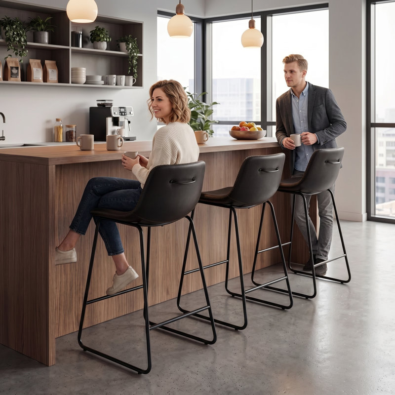 Modern Faux Leather Counter Stool With Low Back Sled Base Footrest, Counter Stool (26” Seat Height), Black