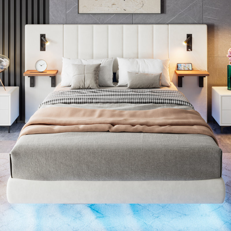 5ft Upholstered Bed With Headboard And 2 Lamps, Kingsize (5'), White
