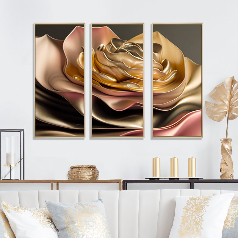 " Retro Vintage Abstract Pink And Gold Flowers III " 3 - Pieces, Natural Framed Canvas, 20" H x 36" W x 1" D