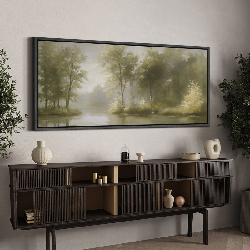 «Serene River and Forest Scene», grande impression sur toile encadrée - Tranquil Nature Decor, Noir, H 30 po x l 60 po