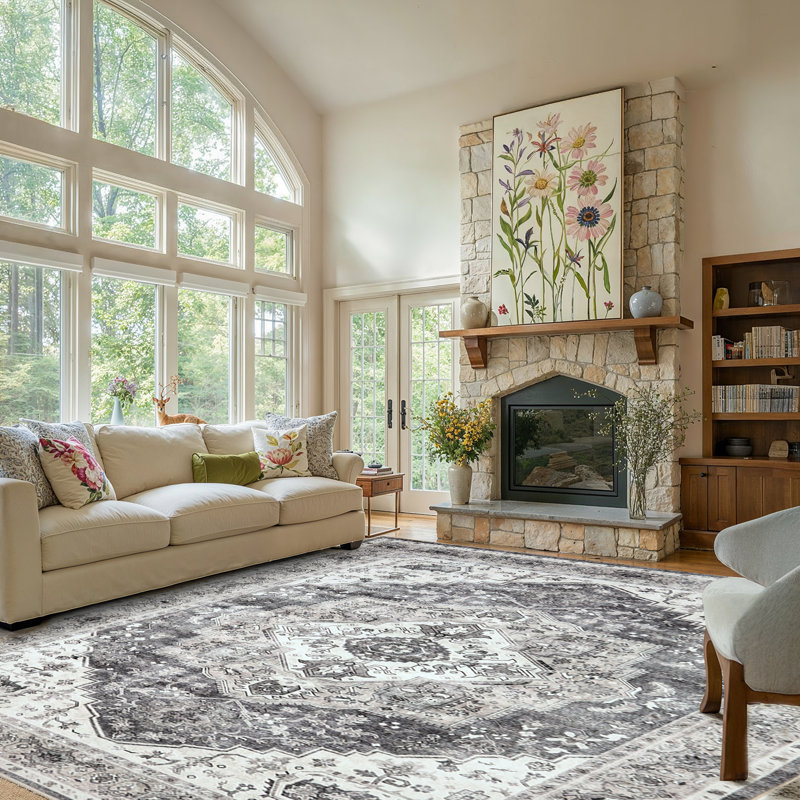 Oriental Inspired Vintage Machine Washable Area Rug with Non-Slip Backing for  High Traffic Area, Living Room, Bed Room, Kitchen, Hallway, Entryway Rug