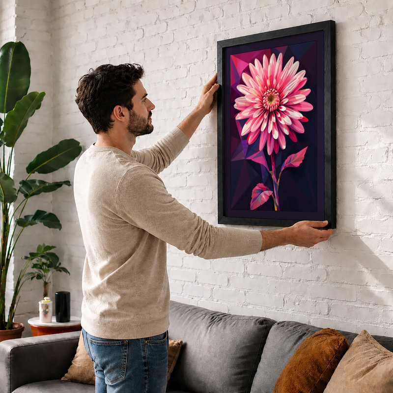 Pink Gerbera Geometric Botanical - Framed Print, A3 - 42.0 x 29.7 cm, Oak