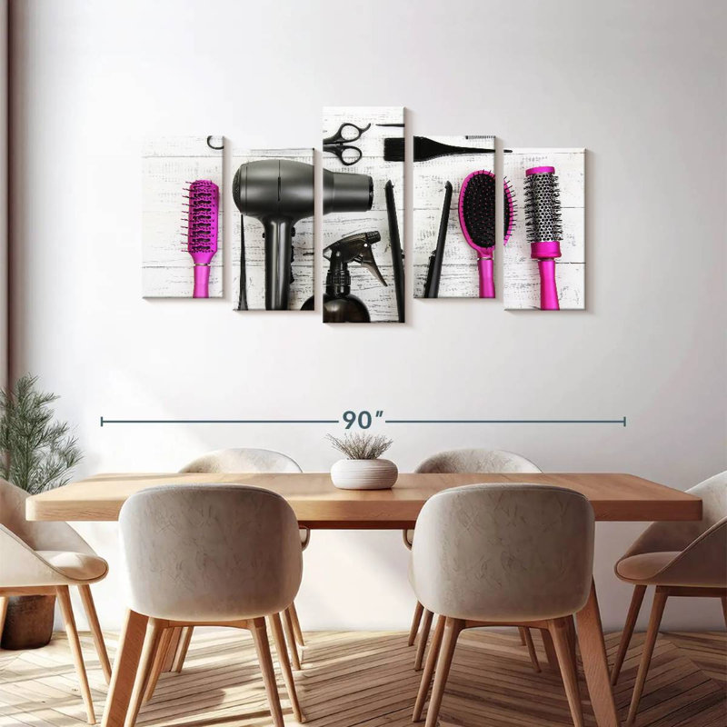 Ensemble de 5 outils fuchsia sur toile pour salon de coiffure, H 37 po x l 74 po x P 1,25 po