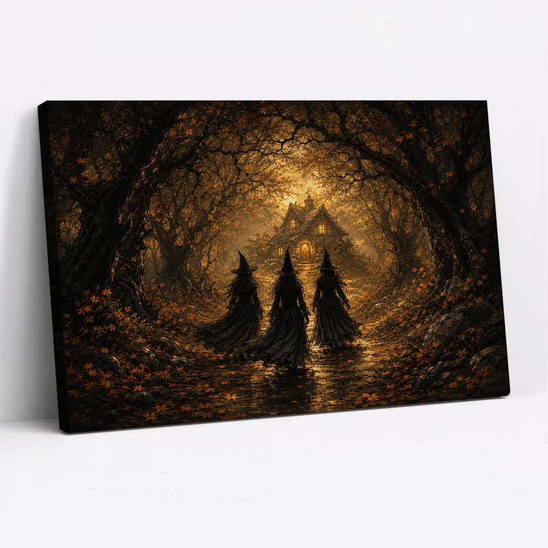 «Three Witches Walking to Lit Cottage In Golden», art mural sur toile, 16"H x 24"W