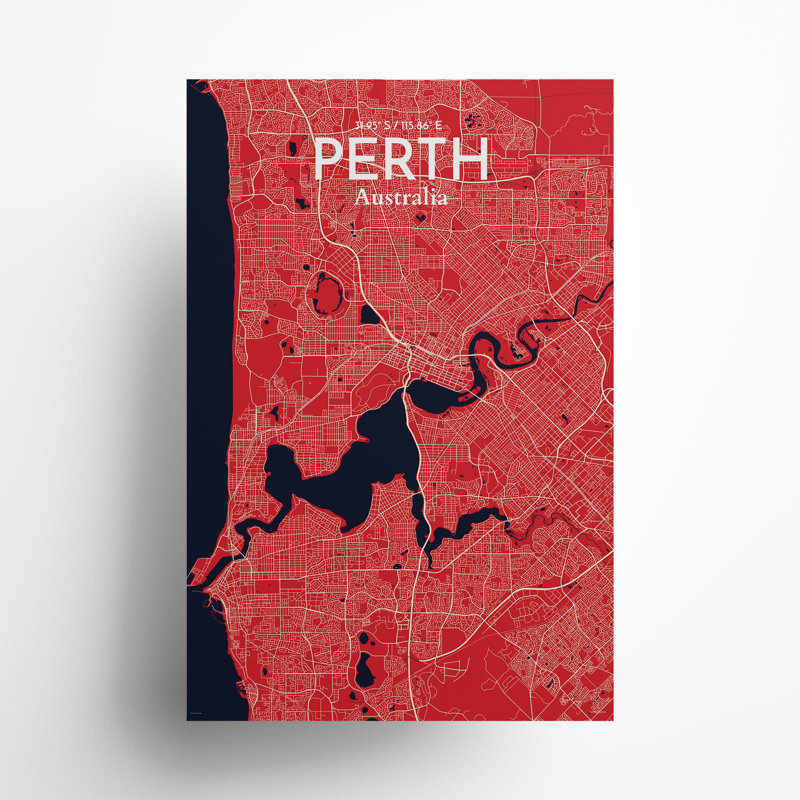 «Perth City Map», impression, Rouge / Bleu marine, H 36 po x l 24 po
