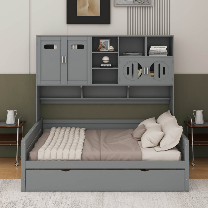 Lit de jour double en bois avec couchette et tablette, Lit double, Gris
