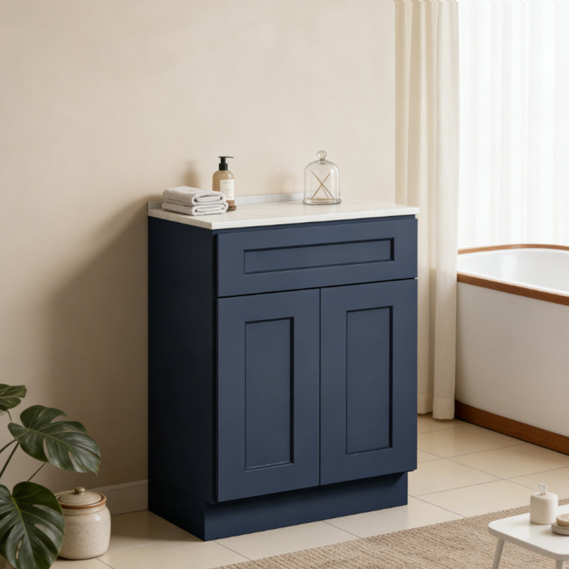 Armoire de base 24 po bleu marine Shaker avec porte et tiroir à fermeture en douceur, unité de rangement en bois massif