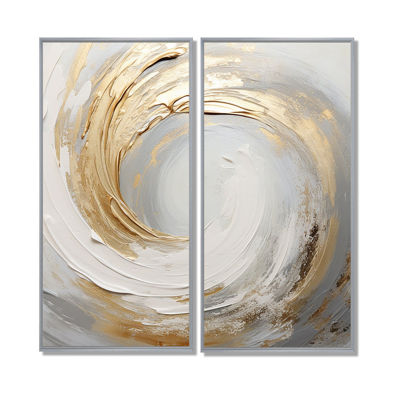 Vortex doré et or doux blanc III - grandes spirales abstraites, art mural, 20" H x 24" W, Impression encadrée flottante