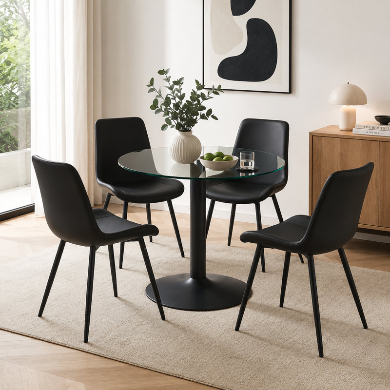 Ensemble de salle à manger sur pied moderne en verre trempé avec 4 chaises en similicuir, Noir, noir, noir, noir