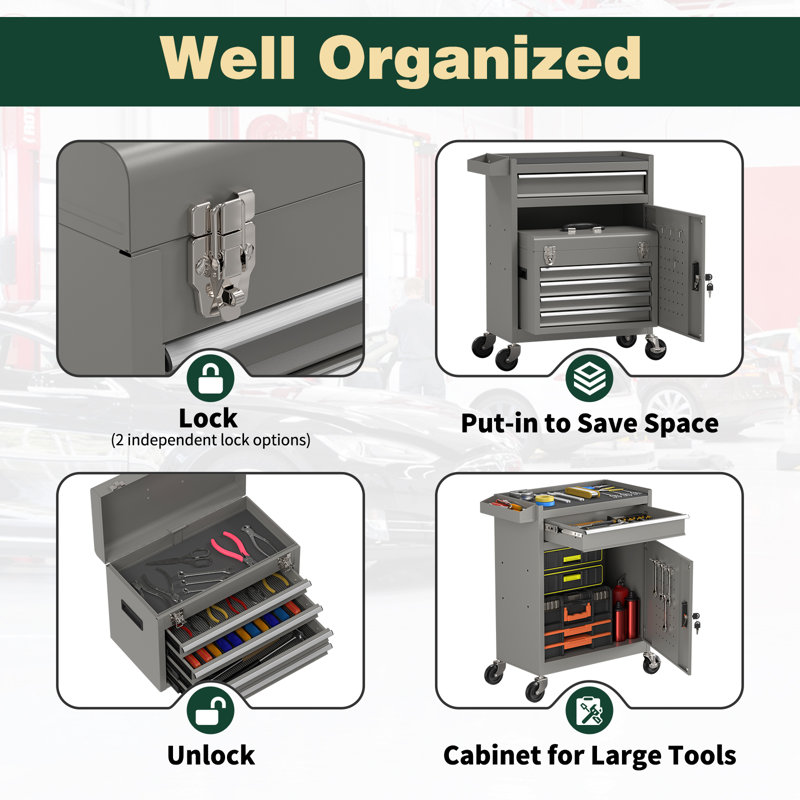 41.1'' Detachable Toolbox Storage Cabinet, 5-Drawer Tool Chest with Wheels (Gray), Gray