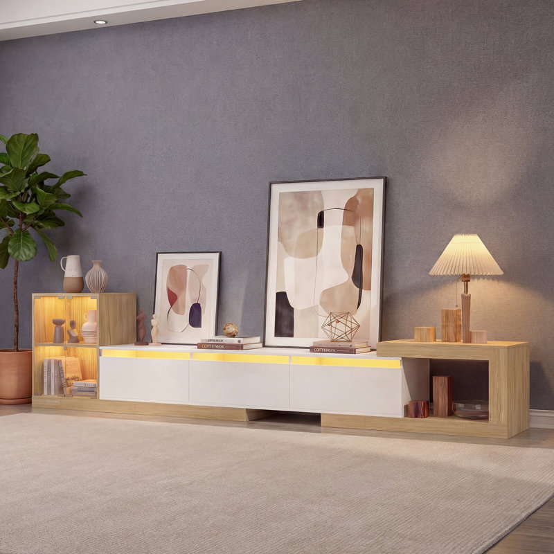 Modern Retractable TV Stand, Extendable TV Cabinet up to 110 Inches, 5 Storage Compartments, Fits Flat Screen TVs, White Wood