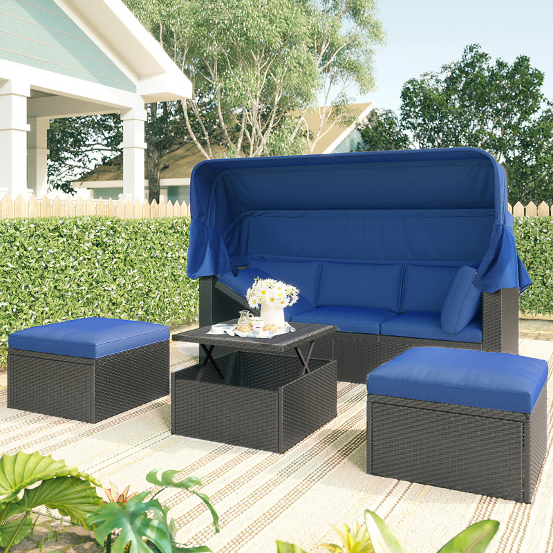 Lit de jour d'extérieur rectangulaire pour patio avec auvent rétractable, Bleu