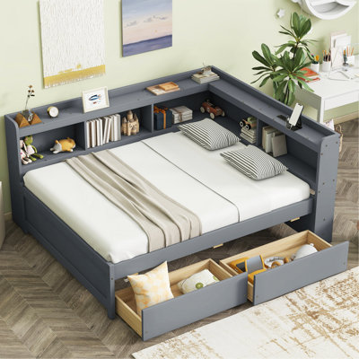 Lit double en forme de L avec bibliothèques, prises de courant USB, deux tiroirs, gris