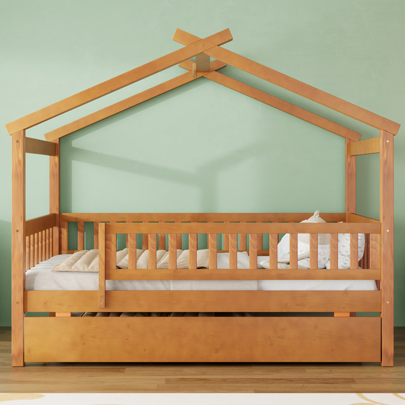 Lit en bois avec lit gigogne simple, Noyer, Lit simple