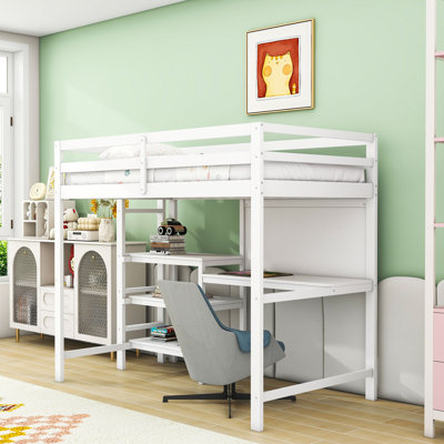 Twin Size Wooden Loft Bed With Desk, Shelves, And Erasable Writing Board
