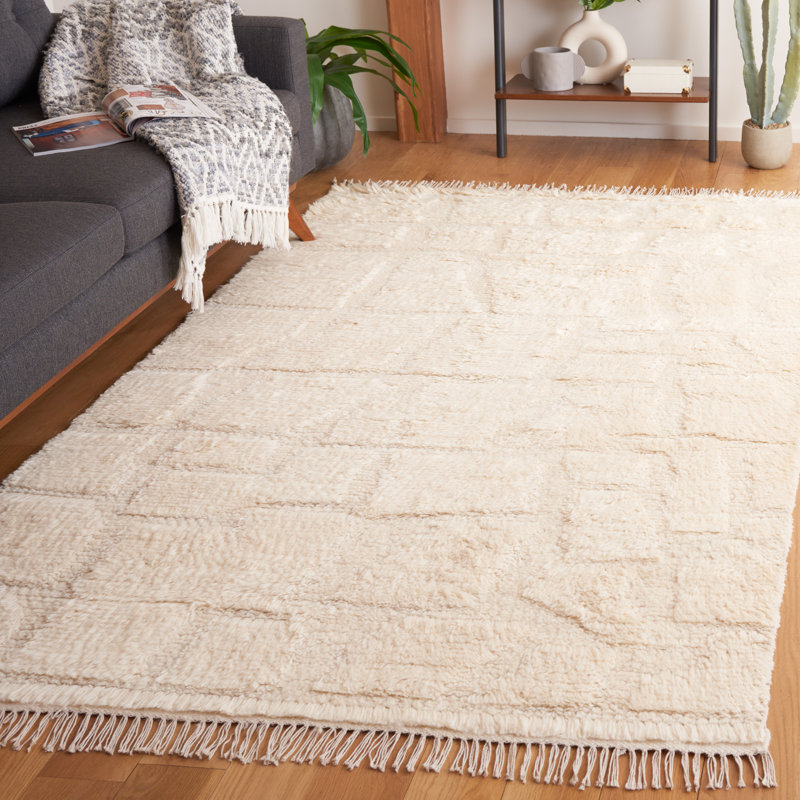 Tapis ivoire en laine / coton de couleur unie Azreal, Rectangle 8 pi x 10 pi