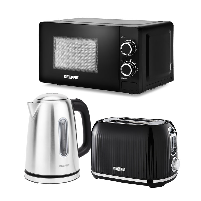 GEEPAS Illuminating Electric Kettle 2 Slice Bread Toaster & Microwave Kitchen Combo Set | 1.7L 2200W Stainless Steel Cordless Jug Kettle | 1000W Toaster 20L 700W Solo Manual Microwave Countertop Set