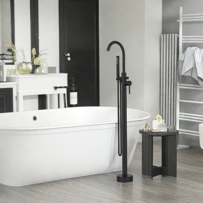 Floor Mounted with Handheld Shower  Waterfall Tub Faucet Floor Mount Bathroom Tub Filler Mixer Tap, Matte Black