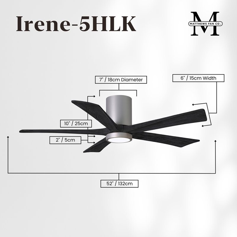Irene Flushmount Light Kit 5 Blade LED Ceiling Fan, Brushed Nickel, Matte Black, 52"