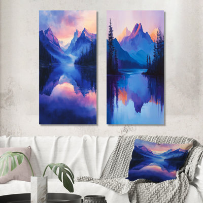 Mountain Reflections at Dusk I – Blue Scenic Metal Wall Art Print Set of 2