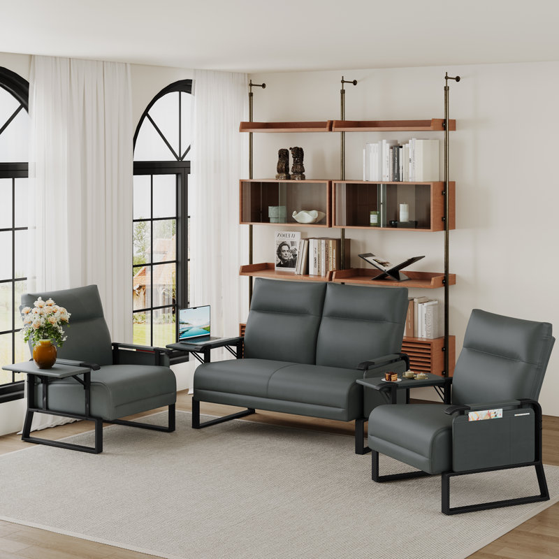 3-Piece Upholstery Living Room Set With Side Tray Table, Upholstered 1 Loveseat & 2 Accent Chairs Set For Small Spaces, Gray