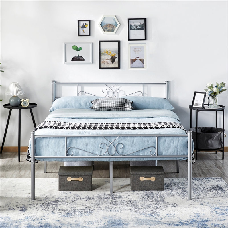 Graceful Scroll Platform Bed with Multiple Size and Color, Queen, Silver