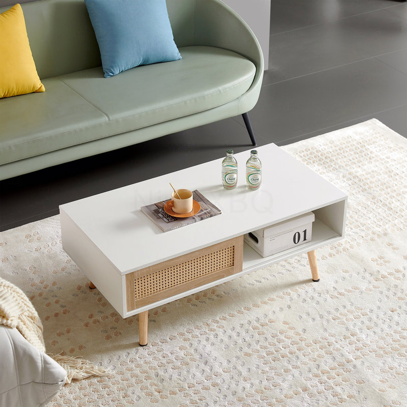 41.34" Rattan Coffee Table Sliding Door For Storage Solid Wood Legs Modern Table For Living Room, White