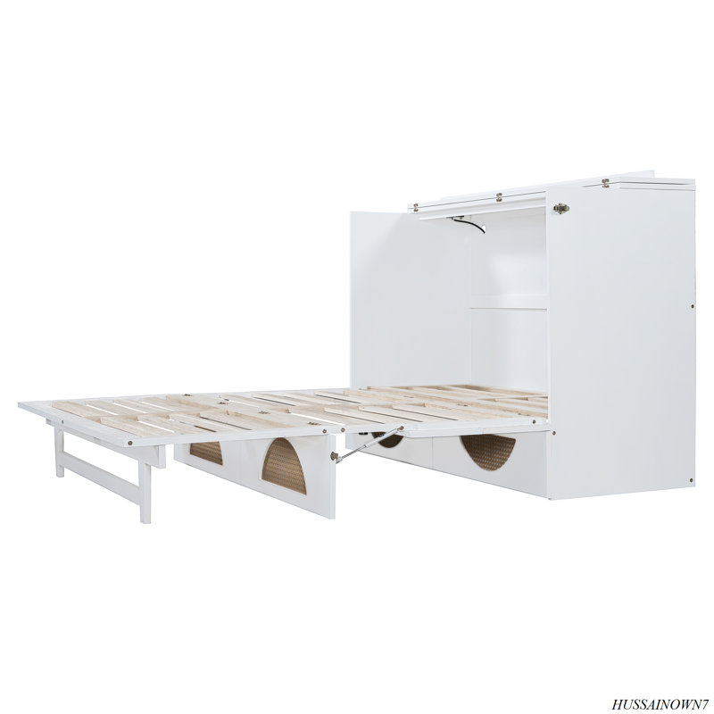 White Queen Murphy Bed with Rattan Headboard and Storage Drawer