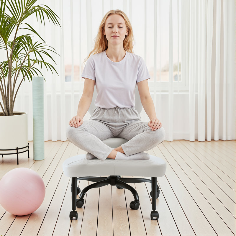 Ergonomic Cross Legged Meditation Chair, 360° Swivel Office Chair With Wheels, ADHD Chair With Footrest, Lumbar Support, Wider Height Adjustable Backrest And Seat, Faux Leather Kneeling Chair For Yoga