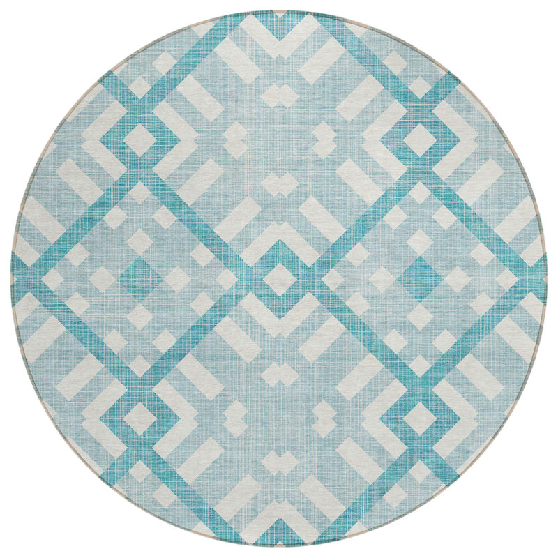 Tapis d'intérieur / extérieur rond 8 pi bleu turquoise et ivoire à motif géométrique lavable
