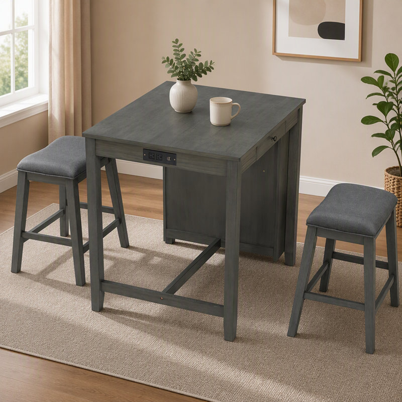 Ensemble table de bar de 36 po avec prise de courant, tiroirs latéraux et 2 tabourets rembourrés