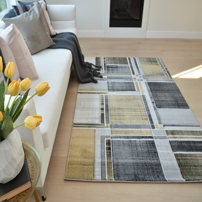 Noir géométrique/gris/jaune Tapis décoratif airete, Rectangle 8 pi x 10 pi