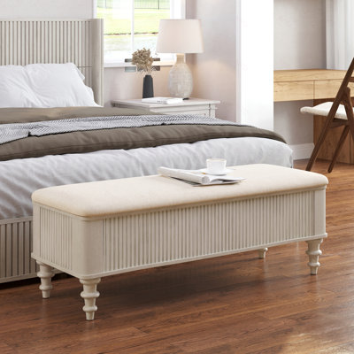 Banc de rangement avec repose-pieds en bois d'hévéa massif de 50,8 po avec siège en lin, banc de rangement pour chambre à coucher, range-chaussures pour hall d'entrée