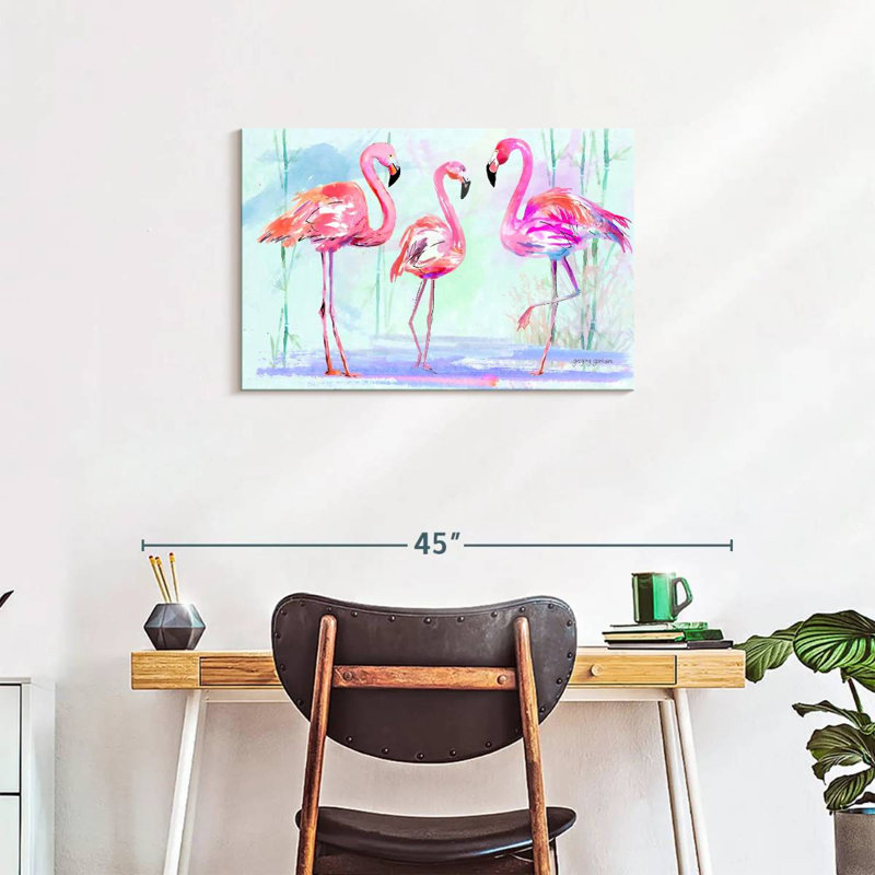 Trio flamant rose Brampt sur fond bleu, H 20 po x l 30 po