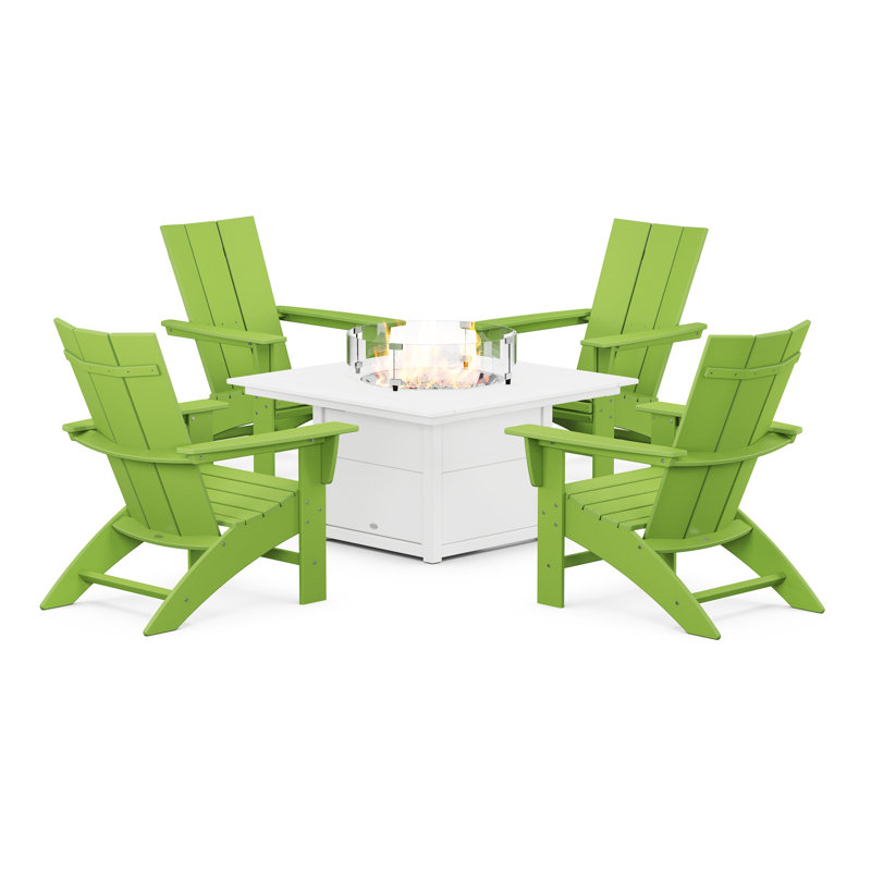 POLYWOOD Modern Curveback Adirondack 5-Piece Conversation Set with Fire Pit Table, Lime/White